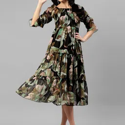 DEEBACO Floral Printed Square Neck Smocked Tiered Chiffon A-Line Midi Dress-image-72