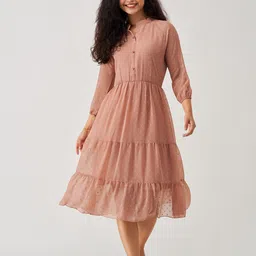 AASK Self Design Mandarin Collar Tiered Fit & Flare Midi Dress-image-83