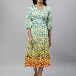 AURELIA Floral Printed V-Neck Puff Sleeves A-Line Midi Dress-image-59
