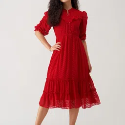 AASK Self Design Puff Sleeve Crepe Ruffled Fit & Flare Midi Dress-18