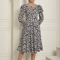 Indian Needle Floral Printed Square Neck Fit and Flare Midi Dress-image-83