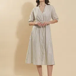 Fashfun Women Striped Cotton Shirt Midi Dress-12