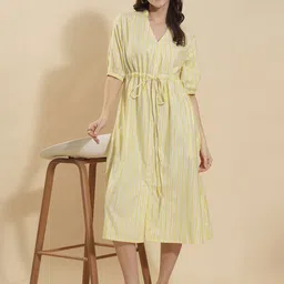 Fashfun Women Striped Shirt Cotton Midi Dress-35