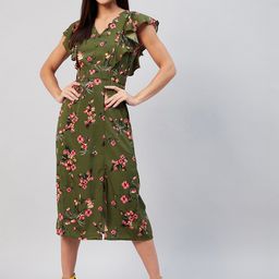 RARE Green & Pink Floral Crepe Midi Dress-image-41