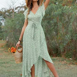 StyleCast Green & White Floral Print Cotton Wrap Midi Dress-picture-10