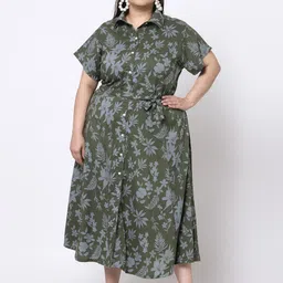 KLOTTHE Women Olive Green & Grey Floral Shirt Maxi Dress-image-70