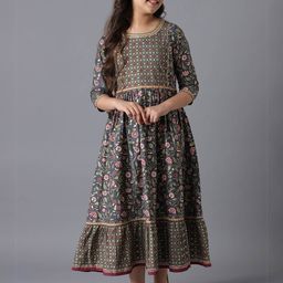 AURELIA Girls Floral Printed Gathered Cotton Maxi Dress-image-89