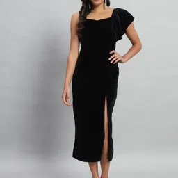 VAARARO Shoulder Straps Velvet Ruffles Bodycon Midi Dress-picture-1
