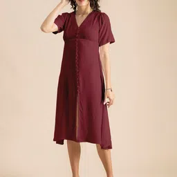 Moomaya V-Neck Front Slit A-Line Midi Dress-image-35