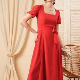 MISH Puff Sleeve Square Neck Georgette A-Line Midi Dress-image-32