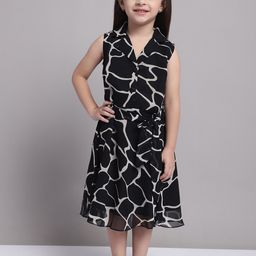 MINI & MING Girls Abstract Print V-Neck Sleeveless Georgette Fit & Flare Dress-picture-3