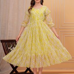 KPF Round Neck Puff Sleeve A-Line Floral Midi Dress-image-0