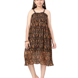 BAESD Girls Floral Printed Shoulder Straps Smocked Tiered Georgette A-Line Midi Dress-picture-22