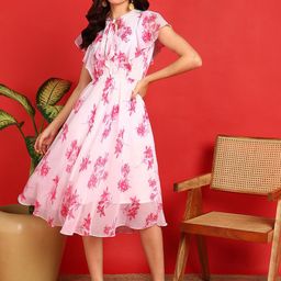 HIVA TRENDZ Floral Print Tie-up Neck Flared Sleeves Georgette A-Line Midi Dress-picture-30