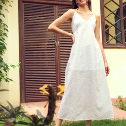 SASSAFRAS White Self Design Schiffli Pure Cotton A-Line Midi Dress-image-76