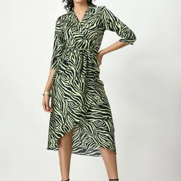 WAYLENE Animal Print Satin Shirt Midi Dress-image-13