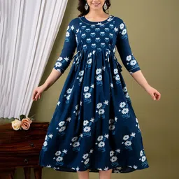 MURLI KURTI Floral Printed Round Neck Three-Quarter Sleeves Cotton A-Line Midi Dress-image-68