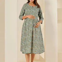 LALI JAIPUR Floral Printed Cotton Maternity A-Line Midi Dress-image-42