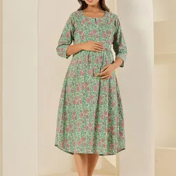 LALI JAIPUR Floral Printed Cotton Maternity A-Line Midi Dress-image-40