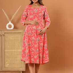 LALI JAIPUR Floral Printed Maternity Knitted Flared A-Line Midi Dress-image-3