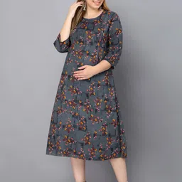 KALINI Grey Floral Print  A-Line Maternity Dress-picture-43