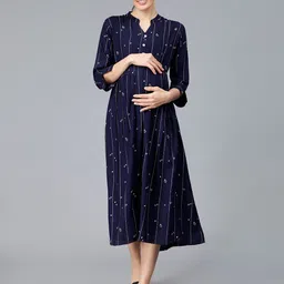 NIGHTSPREE Floral Printed Mandarin Collar Maternity A-Line Midi Dress-picture-48