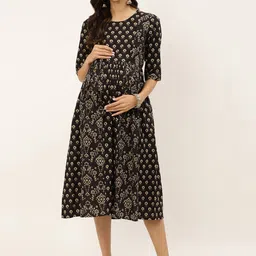 Negen Floral Printed Round Neck Cotton A-Line Maternity Midi Dress-picture-33