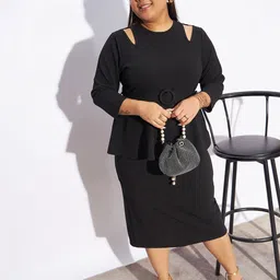 SASSAFRAS Curve Plus Size Black Cut-Outs Front Peplum Sheath Midi Dress-image-19