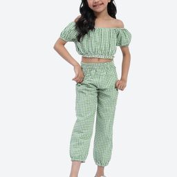 ShilpShakti Girls Checked Off-Shoulder Puff Sleeve Crop Top With Trouser & Hairband-17