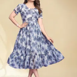 BAESD Women Tie and Dye Print Tie-Up Neck Puff Sleeve A-Line Midi Dress-image-28