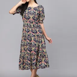 LARGISH Floral Printed Puff Sleeves Cotton Fit & Flare Midi Dress-image-61