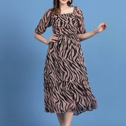 plusS Pink Animal Printed Puff Sleeves A-Line Midi Dress-49