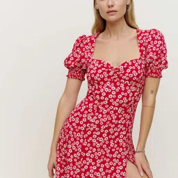 StyleCast Red Floral Printed Puff Sleeve A-Line Midi Dress-image-51