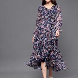 Miss Chase Navy Blue Floral Printed Puff Sleeves Tie Ups Wrap Dress-image-50
