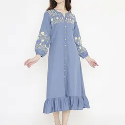 Saffron Threads Women Embroidered Puff Sleeve A-Line Midi Dress-picture-21
