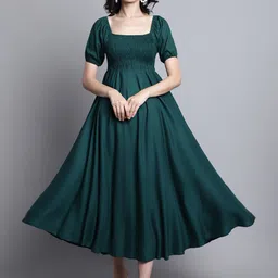 BAESD Square Neck Puff Sleeves Smocked Fit & Flare Midi Dress-image-38