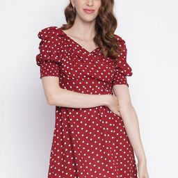 IQRAAR Maroon & White Polka Dots Printed Puff Sleeves Fit & Flare Mini Dress-image-10