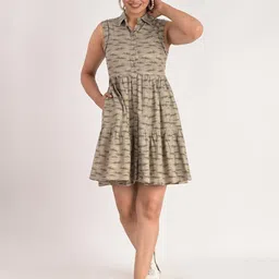 KIZI Women Printed Sleeveless shirt Collar Fit & Flare Mini Dress-image-26