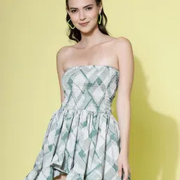 Oomph! Abstract Printed Strapless High-Low Smocked Fit & Flare Mini Dress-4