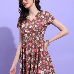 Tokyo Talkies Brown Floral Printed V-Neck Gathered Fit & Flare Mini Dress-picture-20