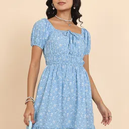 Tokyo Talkies Blue Floral Printed Ruched Fit & Flare Mini Dress-picture-27