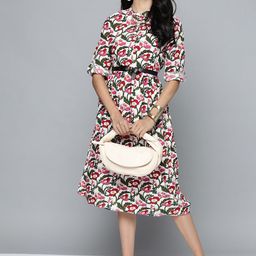 HERE&NOW White & Pink Floral Print Pure Cotton A-Line Dress-image-50