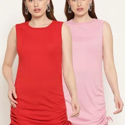 Miaz Lifestyle Set Of 2 Red & Pink Scuba Sheath Mini Dress-picture-4