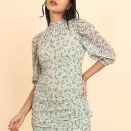 Tokyo Talkies Green Floral Printed High Neck Mini Sheath Dress-picture-46
