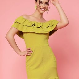 plusS Mustard Yellow Off-Shoulder Ruffles Sheath Dress-image-53