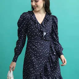 Tokyo Talkies Navy Blue Polka Dot Print Puff Sleeve Mini Dress-image-44