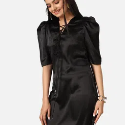NEOFAA Tie-Up Neck Puff Sleeve Satin Sheath Mini Dress-image-1
