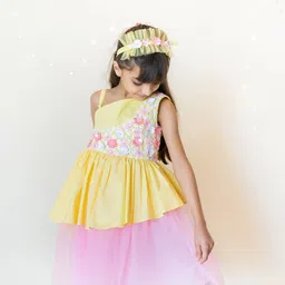 A Little Fable Yellow Floral One Shoulder Layered Net Dress-image-17