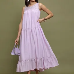 Vishudh Round Neck Gathered A-Line Midi Dress-image-24