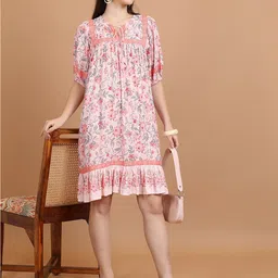 Vishudh Peach-Coloured Floral Printed A-Line Dress-image-22